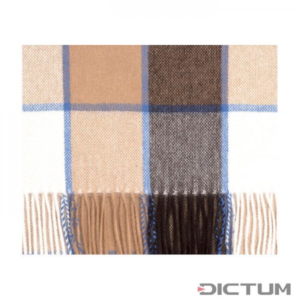 Classic Cashmere Scarf, Wool White to Brown with Medium Blue Over Check