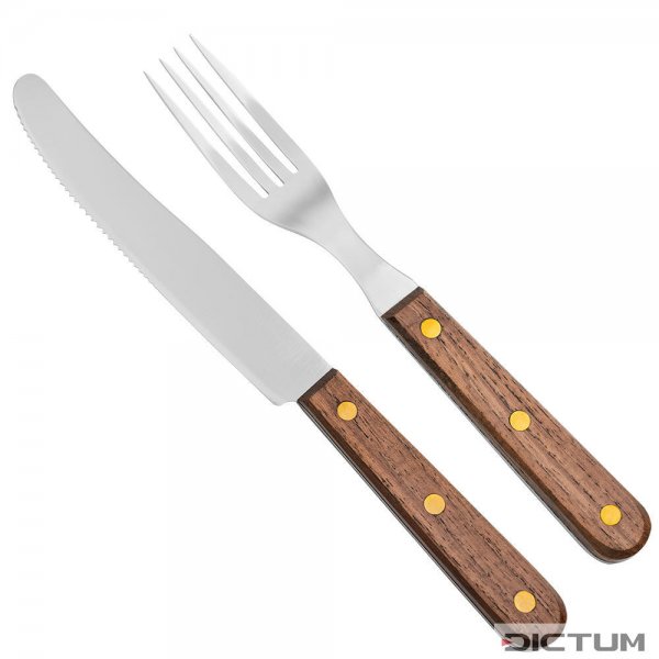 Rustic Cutlery Set, Acacia, with Buckels Table Knife with Serrated Edge