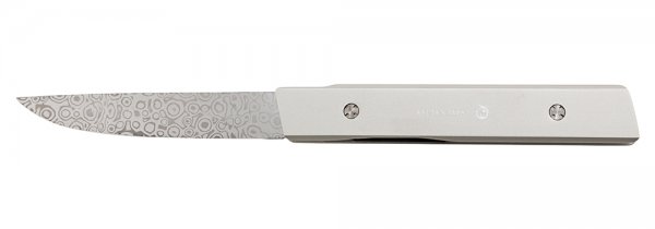 Steak and Table Folding Knife, Damascus, incl. Leather Case, Silver