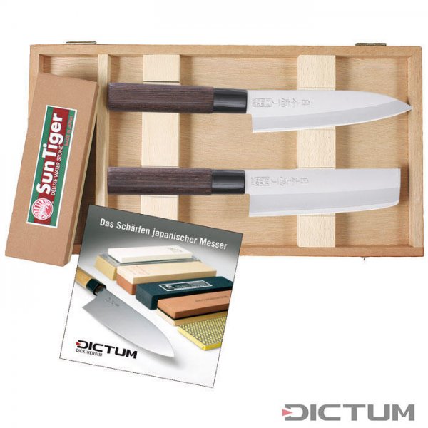 Set de couteaux japonais avec pierre à aiguiser combinée et DVD d'affûtage