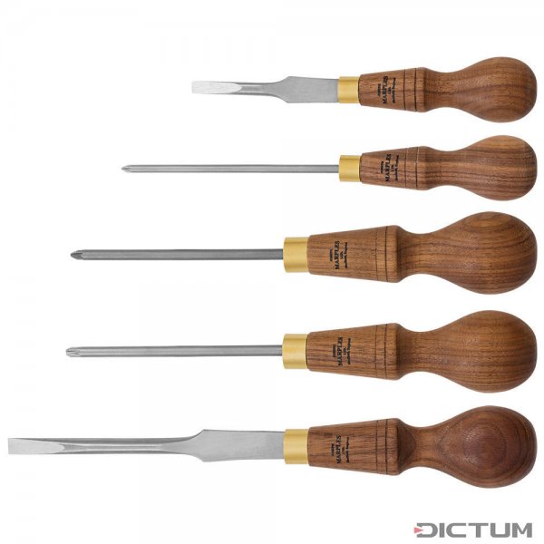 Cabinet Screwdrivers, Slotted and PZ, Oiled Walnut Handle, 5-piece Set