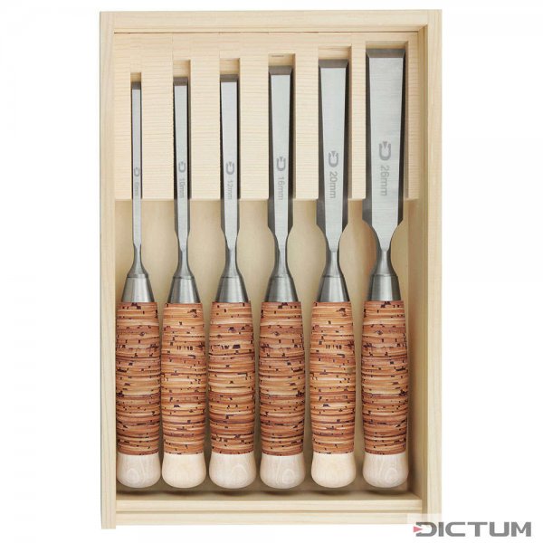 DICTUM Paring Chisels with Birch Bark Handle, 6-Piece Set, in Wooden Case