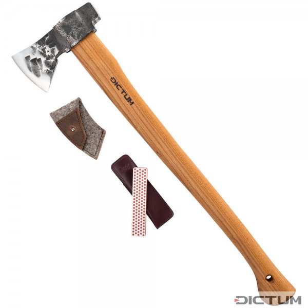 Set : hache DICTUM Bushman avec fourreau en feutre et affûteur diamant