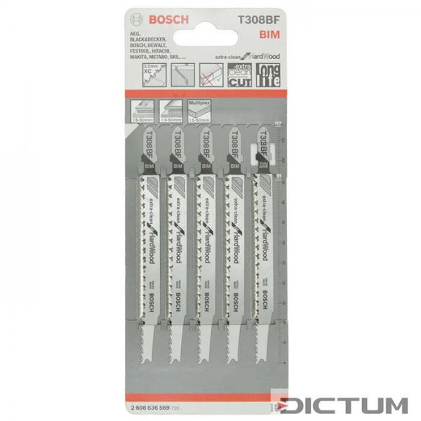 BOSCH Jig Saw Blades T 308 BF, Extraclean for Hard Wood, 5 Pieces