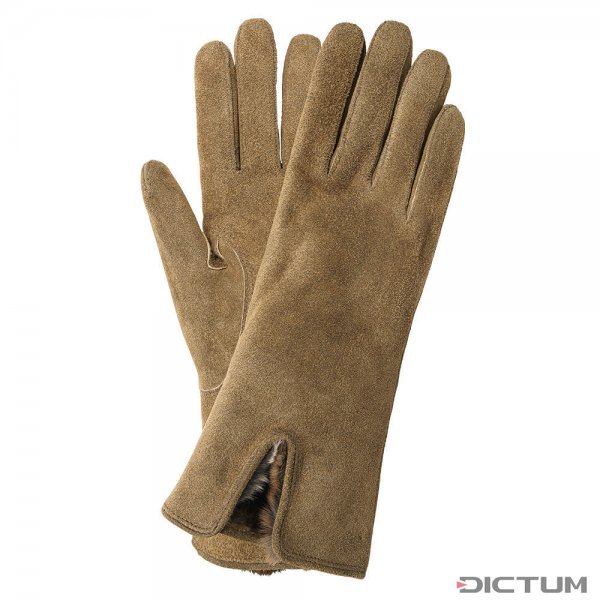 GELA Ladies Gloves, Goat Suede, Cashmere & Velvet Rabbit, Beige, Size 6.5