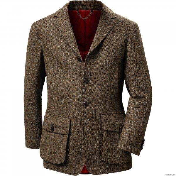Giacca da caccia in tweed da uomo, a spina di pesce, marrone, taglia 48