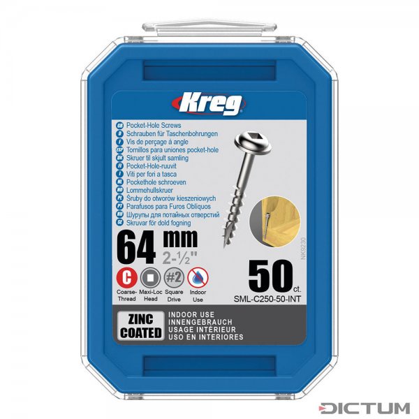 Kreg Pocket-Hole Screws 64 mm, Galvanised, Maxi-Loc, Coarse Thread, 50 Pieces