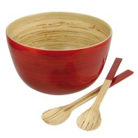 Bamboo Bowl with Salad Servers, Red