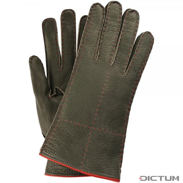»Traun« Ladies Gloves, Deerskin, Dark Green/Red, Size 6.5