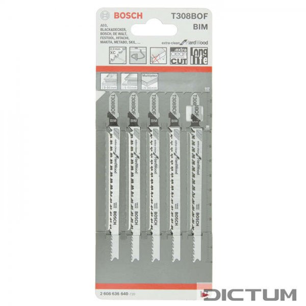 BOSCH Jig Saw Blades T 308 BOF, Extraclean for Hard Wood, 5 Pieces