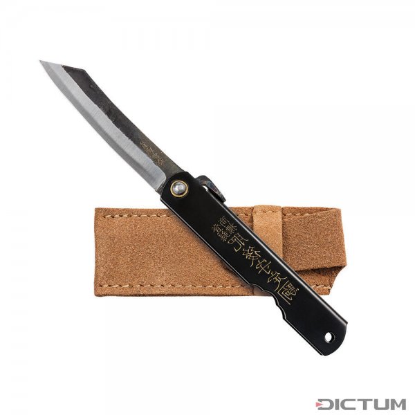 Couteau Higonokami noir avec peau de forge, incl. étui en cuir