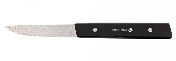 Steak and Table Folding Knife, Damascus, incl. Leather Case, Black