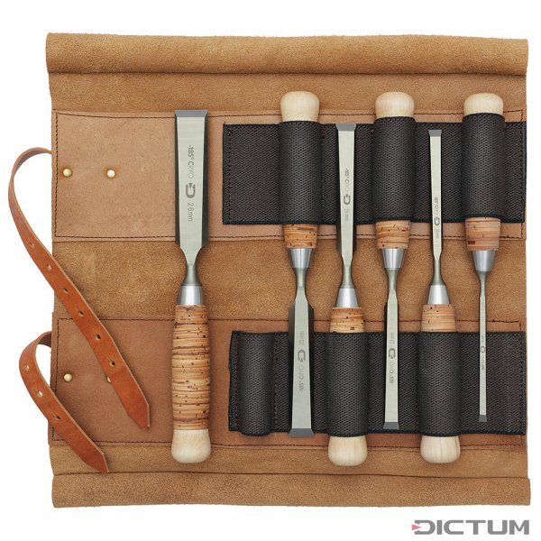 DICTUM Cryo Paring Chisels, Birch Bark Handle, 6-Piece Set, Leather Tool Roll