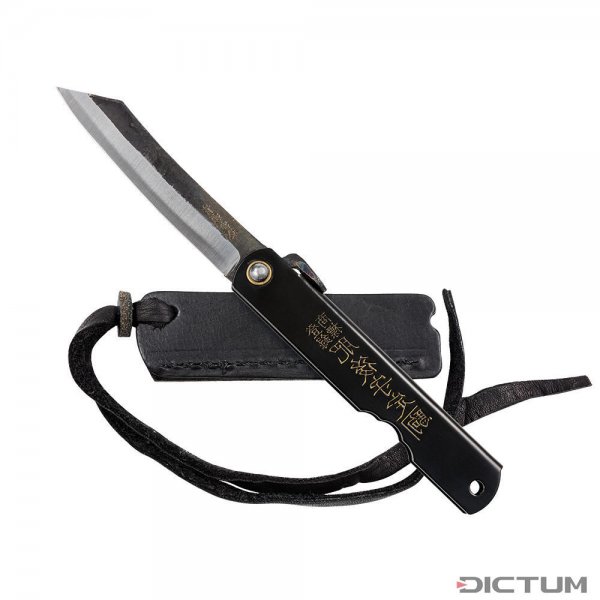 Couteau Higonokami noir avec peau de forge, incl. étui rabat en cuir