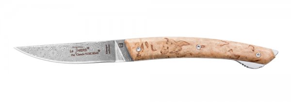Le Thiers Verrou折叠刀，大马士革刀刃，卷曲桦木。