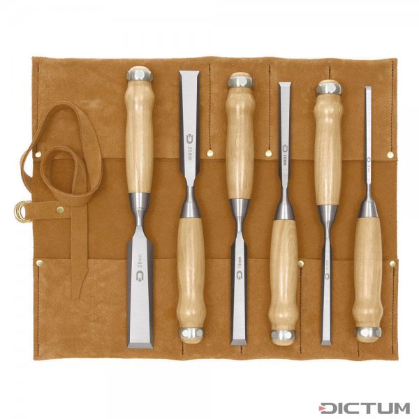 Set di scalpelli DICTUM, versione lunga, 6 pz, in tasca arrotolabile di pelle
