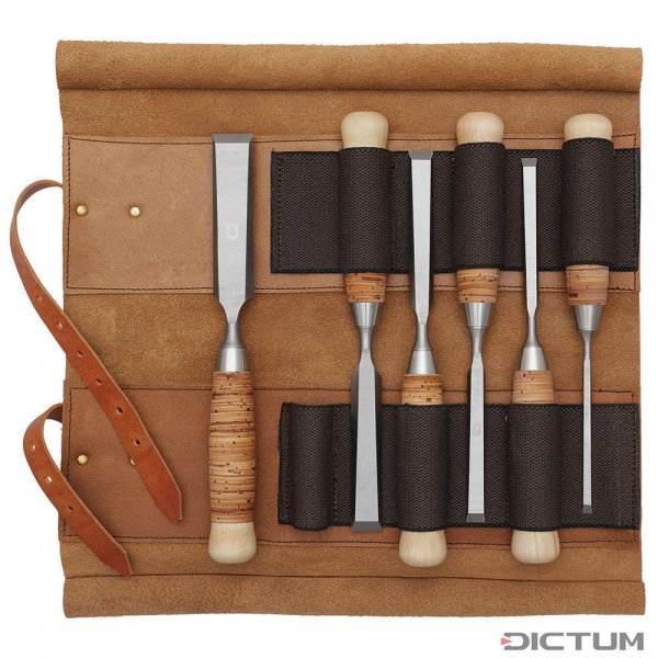 DICTUM Paring Chisels with Birch Bark Handle, 6-Piece Set, Leather Tool Roll