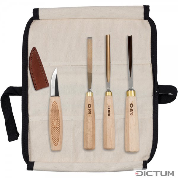 DICTUM Carving Tools in Cotton Tool Roll, 4-Piece Set