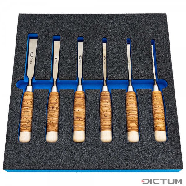 DICTUM工具模块凿，带桦树皮手柄，6件。