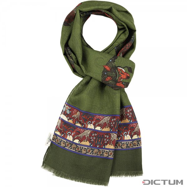 Bufanda con zorro, seda/lana, verde, 70 x 190 cm